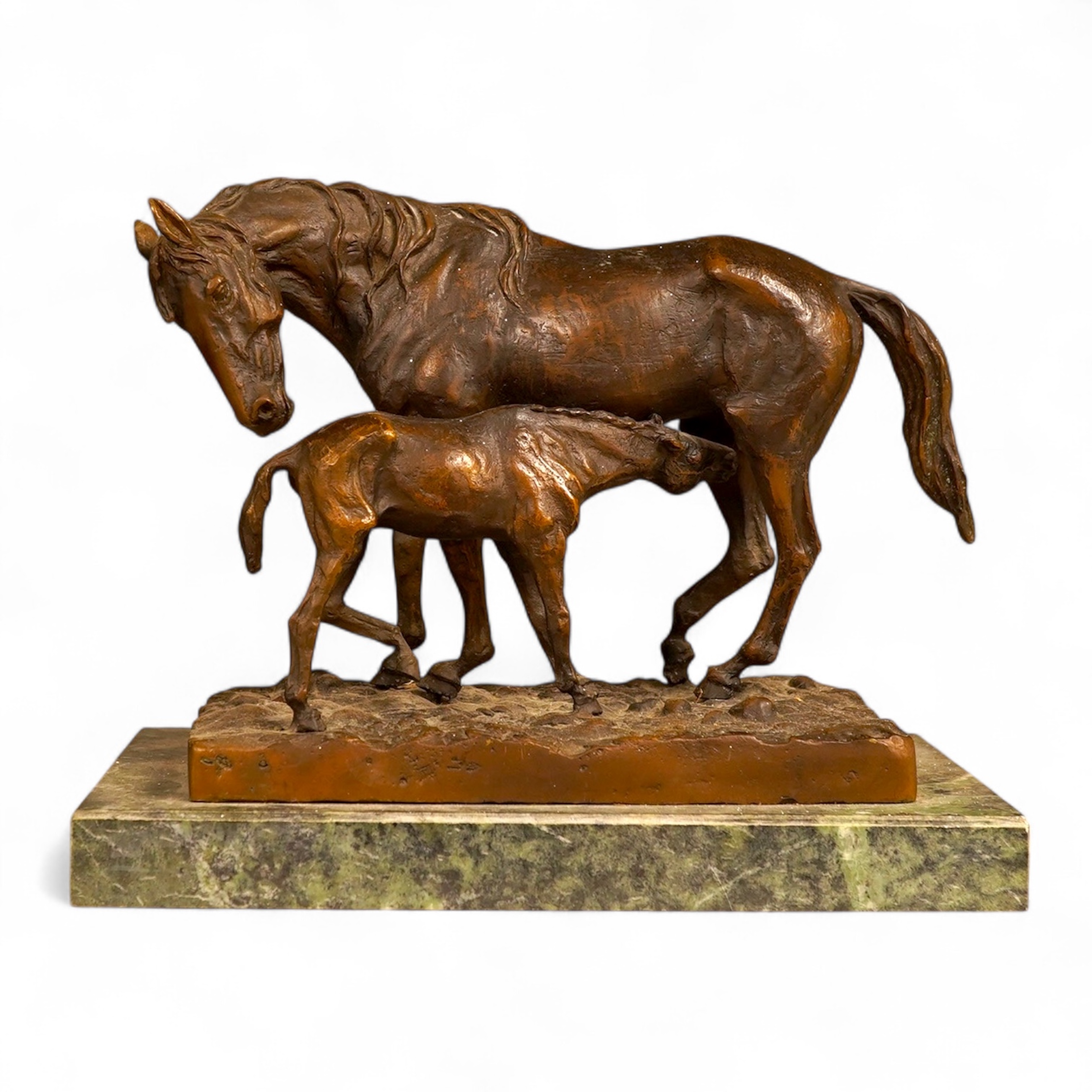 After C. Fratin, bronze study of a horse and foal, signed, on marble plinth, 29cm wide